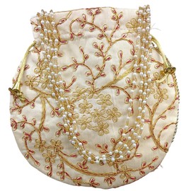 Pack of 1 Women Handicrafts and jewellery Designer Potli Bags or Wristlets or rajasthani batwa for Wedding Royal Clutch Silk Batwa Hand Bag Zari Work Potli Parties, Best for gifting (Gold)