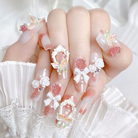 Coffin Press on Nails Medium Fake Nails Pink Ombre Nails Press ons with 3D Butterfly Bow Rose Pearl Rhinestone Designs Glitter Sequins Glue on Nails White Translucent Stick on Nails for Women 24 Pcs