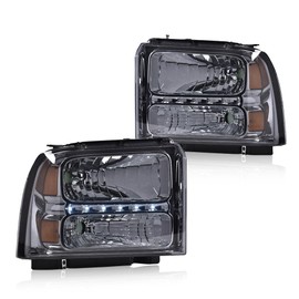 CNNELL LED Headlights Assembly Compatible with 2005 Ford Excursion, 2005-2007 F250/F350/F450/F550 Super Duty Headlamp Replacement LED DRL Headlight Lamps(Smoky lens Chrome Housing Amber Reflector)