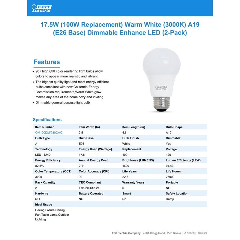 Feit Electric A19 100W Equivalent LED Light Bulbs, Dimmable, 3000k