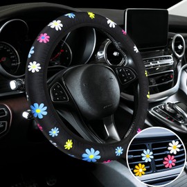 Frienda Set de 5 Accesorios para Coche Mariposa Cubierta de Volante de Mariposa Floral con Lindos Clips de Ventilación Tipo Margarita Accesorios Universales para Coche Verde Salvia (Estilo Margarita)