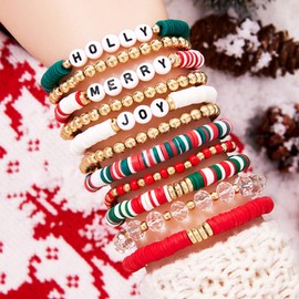 Ronglry Christmas Bracelets for Women Christmas Bracelets Bulk Heishi Surfer Clay Bead Bracelet Set Cute Xmas Beaded Stretch Bracelets Xmas Jewelry Gifts-11pcs