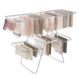 SONGMICS Clothes Drying Rack, Foldable 2-Level Laundry Drying Rack, Free-Standing Laundry Airer, with Height-Adjustable Wings, 33 Drying Rails, Sock Clips, Silver and White ULLR053W01V1