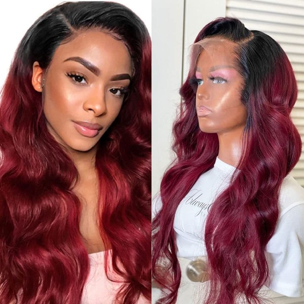13X4 Body Wave Lace Front Wigs Ombre 1B99J Burgundy 180% Density T99J Burgundy Lace Front Wigs Human Hair Hd Lace Front Wigs Human Hair Pre Plucked With Baby Hair Natural Hairline Brazilian Virgin Human Hair Wigs Two-Tone Black Roots With Red (22 Inch,1B99J)