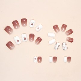 Glue-On Nails Square Short, Pack of 24 Nude Gradient Flowers Artificial Nails, Tulip Artificial Nails, Press on Nails, Acrylic Square Fingernails, Fake Nails Short for Women