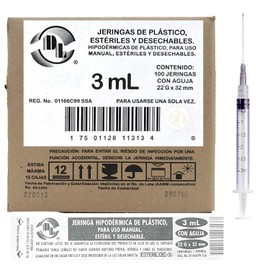 DL Caja De 100 Jeringas 3 mL Con Aguja 22 G X 32 mm