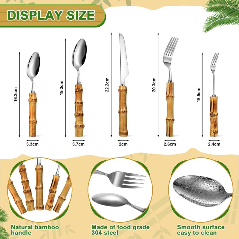 Eboot Bamboo Silverware Set 18/8 Stainless Steel Tableware Set Natural