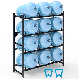 Eastrexon 12-Tray 5 Gallon Water Jug Holder Heavy Duty, 4-Tier Wall Mount Water Bottle Rack, Powder Coated Steel, Black, 13"D x 36.7"W x 44.8"H, Home, Office, Restaurant, Gym