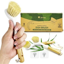 AIRNEX Bamboo Dish Brush Set of 2 - Dishwasher Brush w/Handle Made of Wheat Straw & Sisal Bristles - Non Scratch Kitchen Scrub Brush for Dishes, Pots 