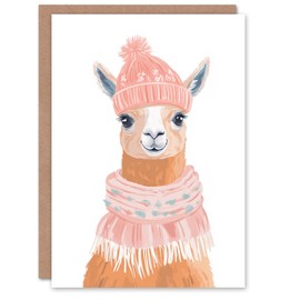 Wee Blue Coo Greeting Card Cute Llama With Pink Winter Hat And Scarf For Her Woman Xmas Christmas Card