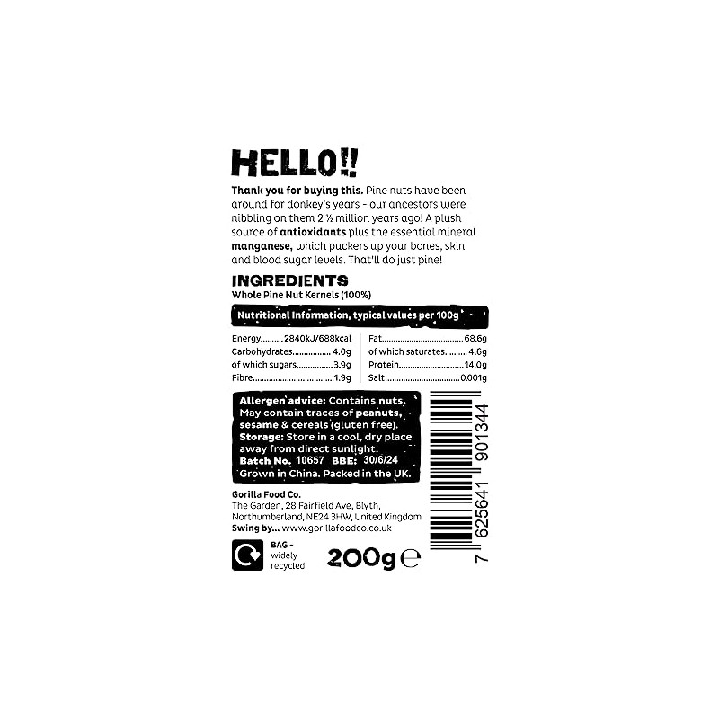 Gorilla Food Co. Natural Pine Nuts (Kernels) - 200g
