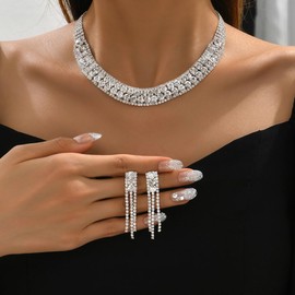 JWICOS Crystal Necklace Earrings Set Bride Jewelry Set Wedding Necklace Earrings for Prom Costume Rhinestone Choker for Women (Style 5)