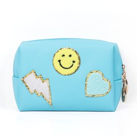 Miss or Miss Preppy Patch Small Toiletry Bag Smile Lightning Heart PU Leather Waterproof Makeup Cosmetic Bag Daily Use Storage Purse Travel Organizer Compliant Bag for Women Girls Gift Teal
