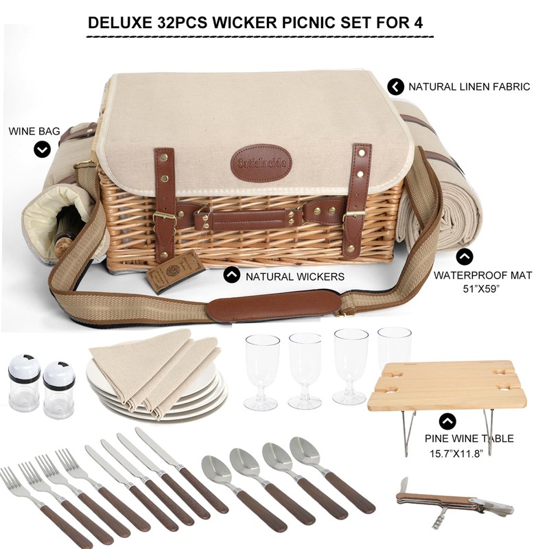 Multifunctional Wicker Picnic Basket Set for 4 with Blanket and