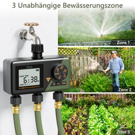 Diivoo Bewässerungscomputer 3 Ausgänge, Garten Bewässerungsuhr mit Wochentage Programmierbar, Automatische Bewässerung Zeitschaltuhr mit Regenverzögertem/Manuellem/Automatischem Modus für Rasen