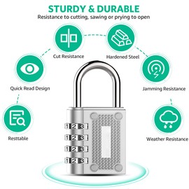 Combination Locker Padlock, BeskooHome Resettable Combination Gym Padlock, 4-Digit Waterproof Outdoor Padlock for Hasp Cabinet, Toolbox, Gym Locker, Gate, Fence (1 Pack Silver)