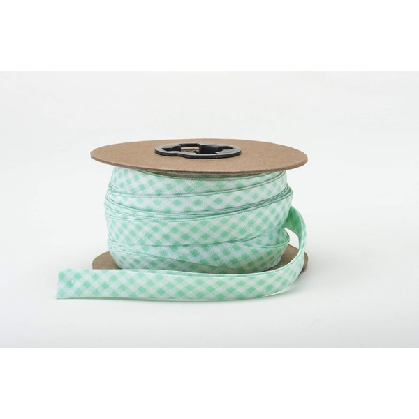 Pearl 1/2" Finished Width Double Fold Polycotton Broadcloth Quilt, Hemming, Sewing, Seaming, Binding, 25 yds, Green Pattern Bias Tape, Mint Gingham