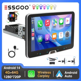ESSGOO 10" Rotatable Car Stereo Radio 1 DIN Android 14 4+64G Carplay GPS Navigation BT