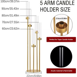 10PCS Gold Floor Candelabra,5 Arm Candle Holder Tall Floor Candle Holder with Acrylic Lampshade for Wedding Table Birthday Party Home Decoration Fit LED Taper Candles