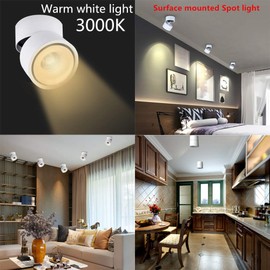 LED Indoor Ceiling Spotlight 360°Adjustable -Surface Mounted COB Lighting-10W LED Warm White Light 3000K/Cool White 6000K Ceiling Downlight -Aluminum Wall Lamp/Wall Swivel Lamp(White,3000K Warm White)