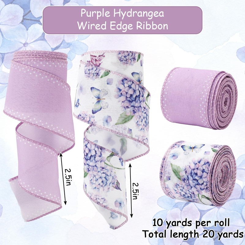 20 Yard Hydrangea Wired Edge Ribbon Purple Hydrangea Flower Craft