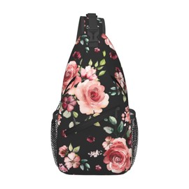 LOSTORCHI Floral Pattern Crossbody Sling Bag for Women Men Watercolor Blossom Rose with Green Leaves Travel Sling Backpack Casual Shoulder Bag Cute Spring Flower Print Gym Sports Hiking Daypack