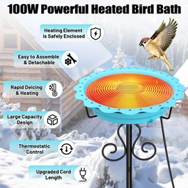 Webuys Heated Bird Baths for Outdoors, 100W Heated Birdbath Bowl for Outdoors for Winter with 5-Prong Metal Base Thermostat Control, Heated Bird Bath for Outside Winter Garden Patio Yard Lawn (Blue)