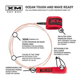XM SURF MORE CORE Surfboard Leash 8ft., Color at The Core, Regular Cord Thickness (.270 in.), Choose Length and Color, Key Pocket, Unbreakable Swivels, Detachable Railsaver, Made in USA