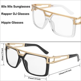 FACATH 80s/90s Sunglasses, DJ Rapper Hip Hop Glasses, Classic Oversized Hippie Glasses for 80s 90s Hip Hop Costume, Square Retro Gold Frame (White)