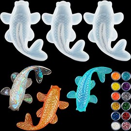 3 Pieces Koi Fish Silicone Resin Moulds Koi Goldfish DIY Pendant Silicone Resin Mold Fish Fondant Mold with Twelve Color Sequins for DIY Pendant Charms Making Jewelry
