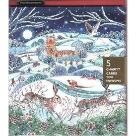 Charity Christmas Cards - Supporting Age UK, British Heart Foundation, Marie Curie and Mind - Pack of 5 - Snowy Countryside Church and Wildlife - Made in the UK - Eco-Friendly