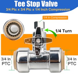 WHK Tee Stop Valve 3/4 Ptc x 3/4 Ptc x 1/4 Inch Compression,Push to Connect Brass Plumbing Fitting,1/4 Turn Push Fit Water Line Splitter for Cooper,PEX,PVC Pipe,Tubing