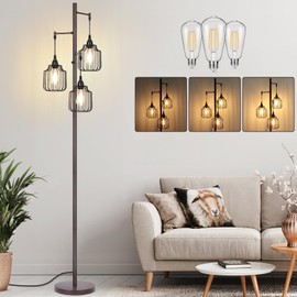 Dimmable Industrial Floor Lamp with 3 LED Edsion Bulbs, Farmhouse Tall Standing Lamp for Living Room, Rustic Brown Tree Floor Lamp, Bright Vintage Pole Light with Cage Shades for Bedroom Home Decor