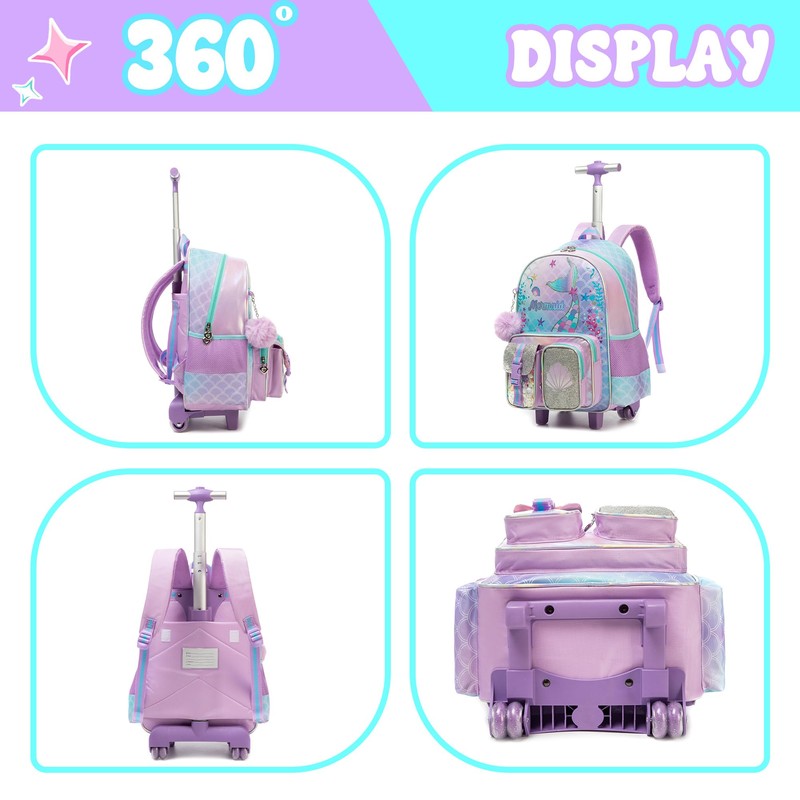 HTgroce Mermaid Rolling Backpack with Wheel,School Backpack for Kids Girl