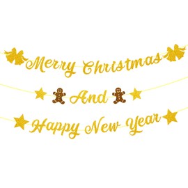 Merry Christmas With Happy New Year Banner, Pre-Assembled Gold Glittery Christmas Banners Decorations for Xmas 2022 New Year Eve Party Home Office Fireplace Tree Indoor Outdoor Holiday Decor Supplies