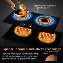 Zarbaco 2 Burner Electric Cooktop 24 Inch, 4000W Electric Stove Top with Built-in Design, 220-240V Knob Control Radiant Ceramic Cooktop with Safety Lock, 9 Level Power, Timer - Hard Wire