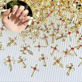 Gold Cross Nail Charms 21pcs, Y2K Vintage Cross Nail Art Rhinestones Pink Gems Shiny Nail Jewelry Acrylic Accessories for Women DIY Nail Decorations Manicure Supplies