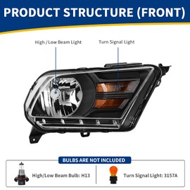 AUTOSAVER88 Headlight Assembly Compatible with 2010 2011 2012 2013 2014 Ford Mustang OE Headlamp Replacement Black Housing Amber Reflector