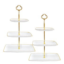 2 Pack RAUVOLFIA 3 Tier Cupcake Stand with Gold Rim, Plastic Tiered Serving Stand, Dessert Tower Tray for Tea Party, Baby Shower and Wedding, Square