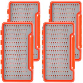 RoundFunny 4 Pcs Fly Boxes for Fly Fishing Waterproof Silicone Flies Fishing Box Tackle 134 Flies Trays Portable Pocket Storage Size 7.36 x 0.63 x 4.02 Inches (Gray)