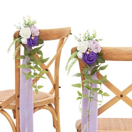 DORIS HOME Wedding Chair Decorations Purple Pew Flowers Set of 10 for Wedding Ceremony Party Aisle Decor with Artificial Flowers Eucalyptus and Ribbons