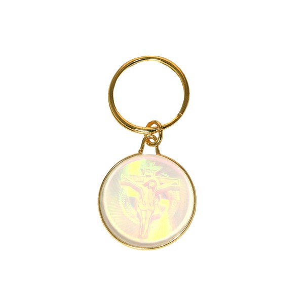 Gold-Tone Holographic Jesus On The Cross Religious Theme Key Chain