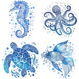 GORGECRAFT Pack of 4 16 cm Window Stickers with Sea Creatures Plastic PVC Summer/Ocean Motifs Turtles Fish Seahorse Octopus Double Sided for Home Window Doors Decoration Under The Sea