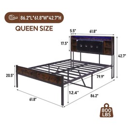 Queen Size Bed Frame, Upholstered Metal Platform Bed Frame with Hidden Storage Headboard, & Charging Station, LED Double Bed Frame - No Box Spring Required, Easy Assembly, Quiet Sleep Experience