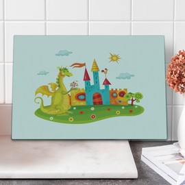 Lunarable Fantasy Cutting Board, Dragon by the Palace Floral Meadow Dreamy Creature Playroom Theme Illustration, Decorative Tempered Glass Cutting and Serving Board, Large Size, Multicolor