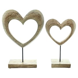 FRANK FLECHTWAREN Wooden Heart Decoration, Set of 2, Mango Wood, Natural, Metal, Matt Black, Dimensions: Height 25 cm, 31 cm