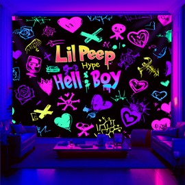 PSYHILAR Blacklight Lil Peep Tapestry for Bedroom, Hellboy Black Light Poster, Rapper Music UV Flag (40 x 30 Inches)