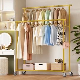 STARLATTA Double Rods Clothes Rack, Gold Rolling Clothing Racks for Hanging Clothes, Metal Portable Garment Rack for Bedroom, Cloakroom, Laundry room