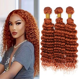 QEUOPE Ginger Deep Wave Bundles Human Hair Color 350 Double Weft Brazilian Hair Extersions Burnt Orange Deep Curly Wet and Wavy Bundles Silky and Soft for Black Women 8 10 12 Inch