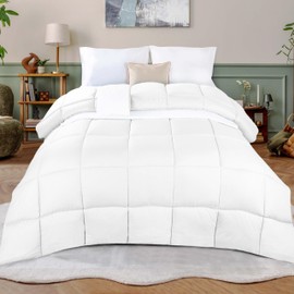 Superior Microfiber Basketweave Comforter, Down Alternative Bedding, Medium Weight, Fluffy, Decorative, Plush Duvet Insert, Oversized Blanket, Box Quilt Design, Monochrome, King, White